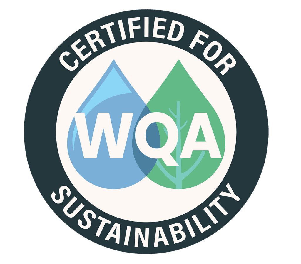 Certified for WQA Sustainability badge featuring a blue water droplet and green leaf symbol