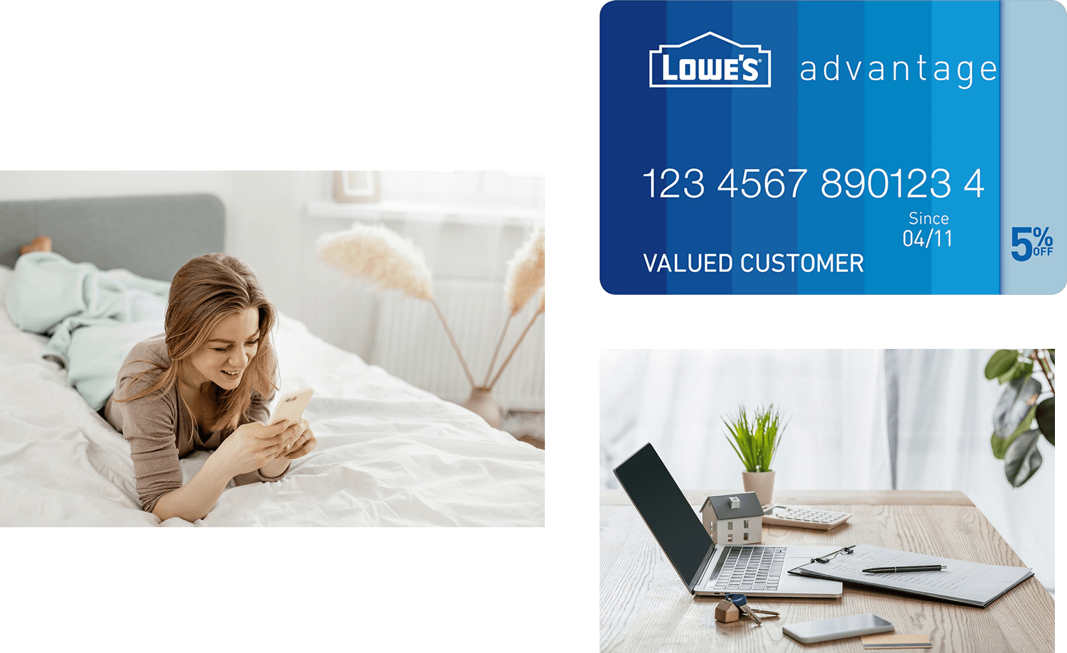 A woman lying on a bed smiles at her phone, adjacent to a Lowe's credit card and a workspace with a laptop, plant, and model house, conveying a cozy, productive vibe.