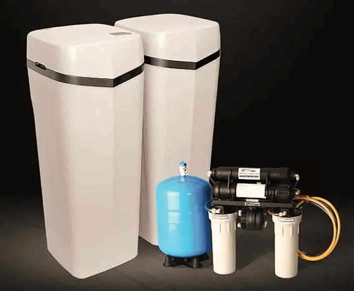 A water softener and purifier system displayed together, showcasing their design and functionality for improving water quality.