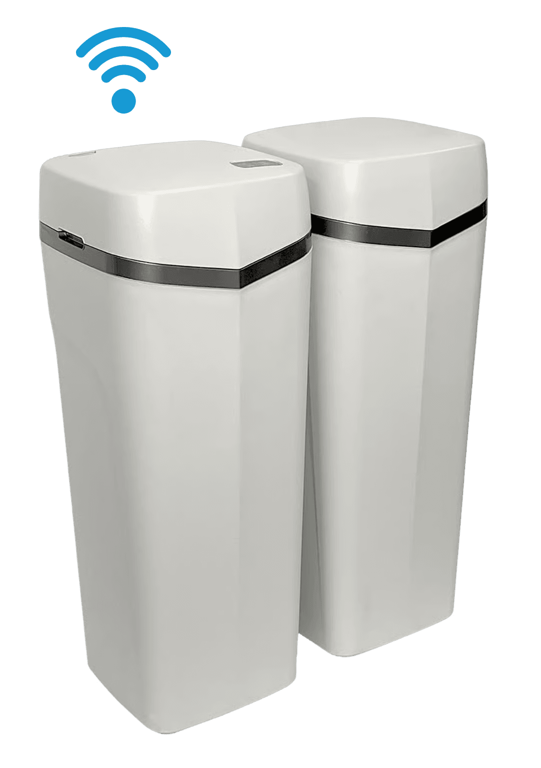 Two sleek white smart trash bins with sensor lids, featuring a silver rim. A blue Wi-Fi symbol above suggests connectivity, set against a black background.